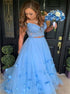 A Line Blue Two Piece Lace Bodice Flowers V Neck Tulle Prom Dress LBQ3592